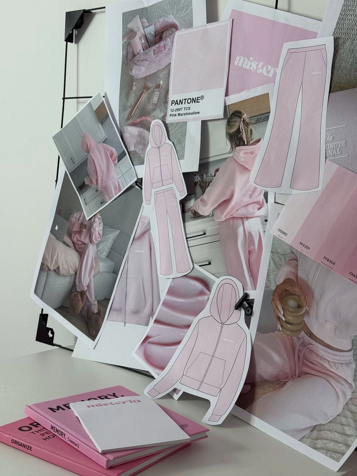 Pink mood board of outfit sketches, swatches and photos