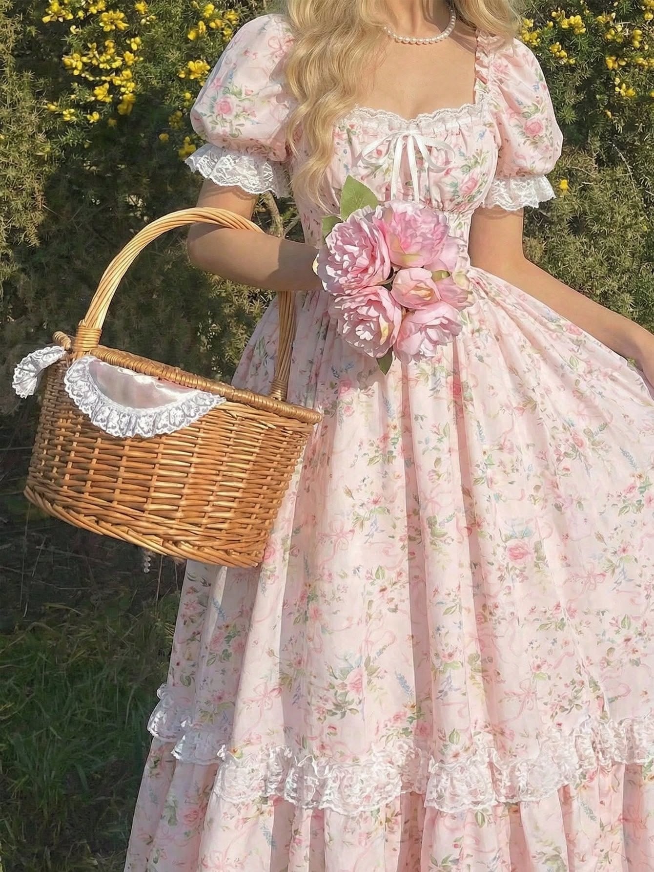 Woman in a pink floral dress holding a basket of peonies